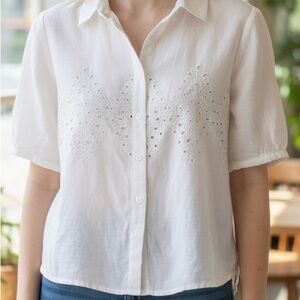 White 100% Linen Eyelet Embroidered Women's Top